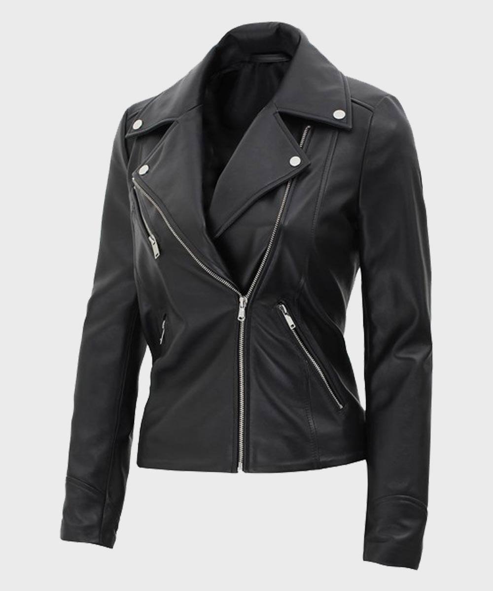 Kinzie Black Motorcycle Leather Jacket Leather Jacket unisex detail view 2 | Dash Racegear — Black Motorcycle Womens Asymmetrical Leather Jacket
