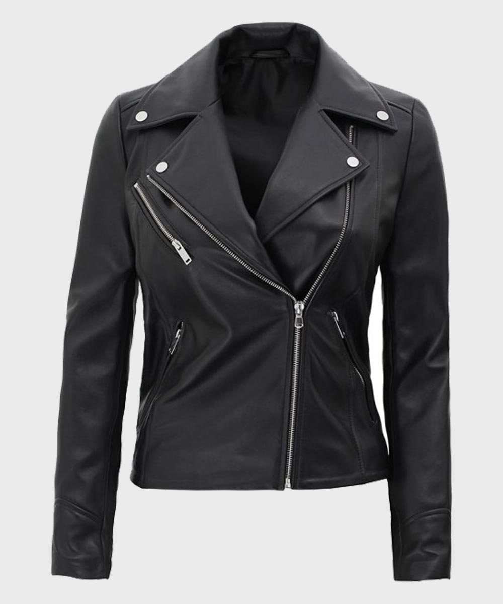 Kinzie Black Motorcycle Leather Jacket Leather Jacket unisex front product view | Dash Racegear — Womens Motorcycle Black Leather Jacket