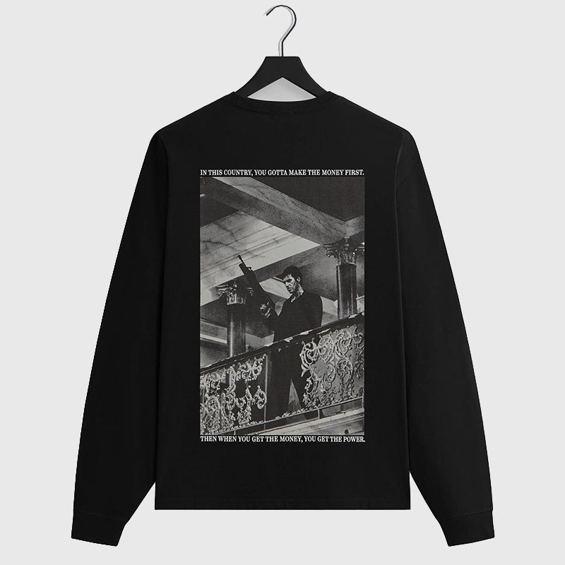 Kith for Scarface Tony Long Sleeve Tee Fashion Apparel unisex front product view | Dash Racegear — Soft cotton black long sleeve tee with Kith x Scarface branding and utility pocket
