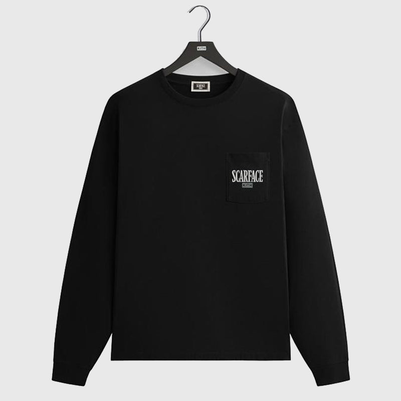 Kith for Scarface Tony Long Sleeve Tee Fashion Apparel unisex detail view 2 | Dash Racegear — Kith for Scarface collab shirt in black with long sleeves and left chest pocket