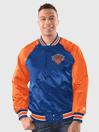 New York Knicks Starter Inductee Varsity Jacket Varsity Jacket unisex front product view | Dash Racegear — New York Knicks Starter Inductee Satin Blue Orange Full Snap Raglan Varsity Jacket delivering bold basketball heritage
