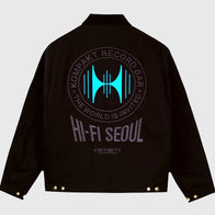 Carhartt WIP Kompakt Record Bar Jacket Jacket unisex detail view 2 | Dash Racegear — Back of a black Carhartt WIP x Kompakt Record Bar jacket with "HI-FI SEOUL" and a circular graphic