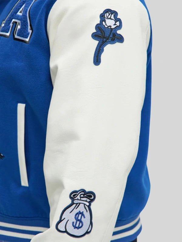 Koyin x Fashion Nova Varsity Jacket Varsity Jacket unisex detail view 3 | Dash Racegear — Fashion Nova x Koyin blue varsity jacket in wool, made for trendy streetwear looks.