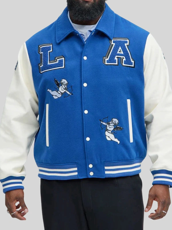 Koyin x Fashion Nova Varsity Jacket Varsity Jacket unisex front product view | Dash Racegear — Koyin x Fashion Nova wool varsity jacket in blue, perfect for streetwear and casual outfits.
