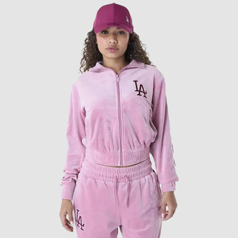LA Dodgers Womens Pink Track Jacket Jacket unisex front product view | Dash Racegear — Cheer in style with this women’s Dodgers pink track jacket – light and iconic.
