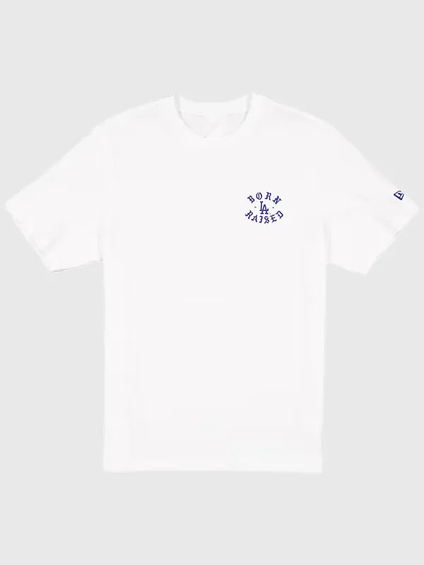 Dodgers New Era x Born x Raised Back-to-Back World Series Champions T-Shirt Shirt unisex detail view 2 | Dash Racegear — Unisex Los Angeles Dodgers tee in white, Old English print commemorating consecutive World Series titles.