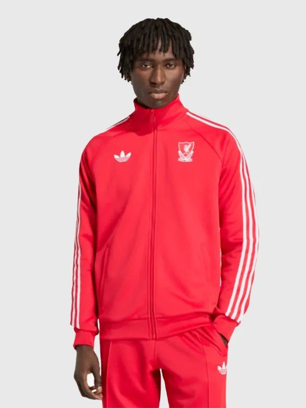 LFC adidas Track Jacket Jacket unisex detail view 2 | Dash Racegear — Men's red LFC adidas track jacket with crisp club crest and full-zip design for everyday layering.
