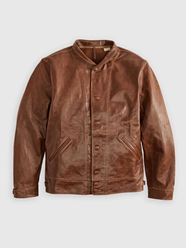 LVC Einstein Jacket Jacket unisex front product view | Dash Racegear — Levi's Brown Menlo Cossack Leather Jacket, Albert Einstein collection, iconic vintage leather look.