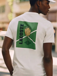 Lacoste Ultra Dry Printed White Tennis T-Shirt Shirt unisex front product view | Dash Racegear — Unisex 2026 Lacoste printed tennis T-shirt in white, Ultra Dry tech comfort, ideal for training and street outfits.