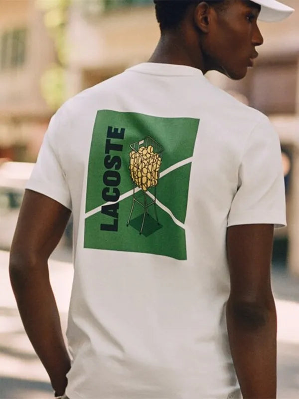 Lacoste Ultra Dry Printed White Tennis T-Shirt Shirt unisex front product view | Dash Racegear — Unisex 2026 Lacoste printed tennis T-shirt in white, Ultra Dry tech comfort, ideal for training and street outfits.