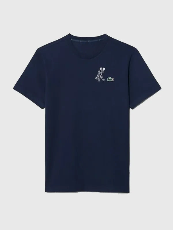 Lacoste Ultra Dry Printed Tennis T-Shirt Shirt unisex front product view | Dash Racegear — Unisex Lacoste 2026 Ultra Dry navy blue printed tennis T-shirt, breathable fabric, perfect for court and casual sporty wear.