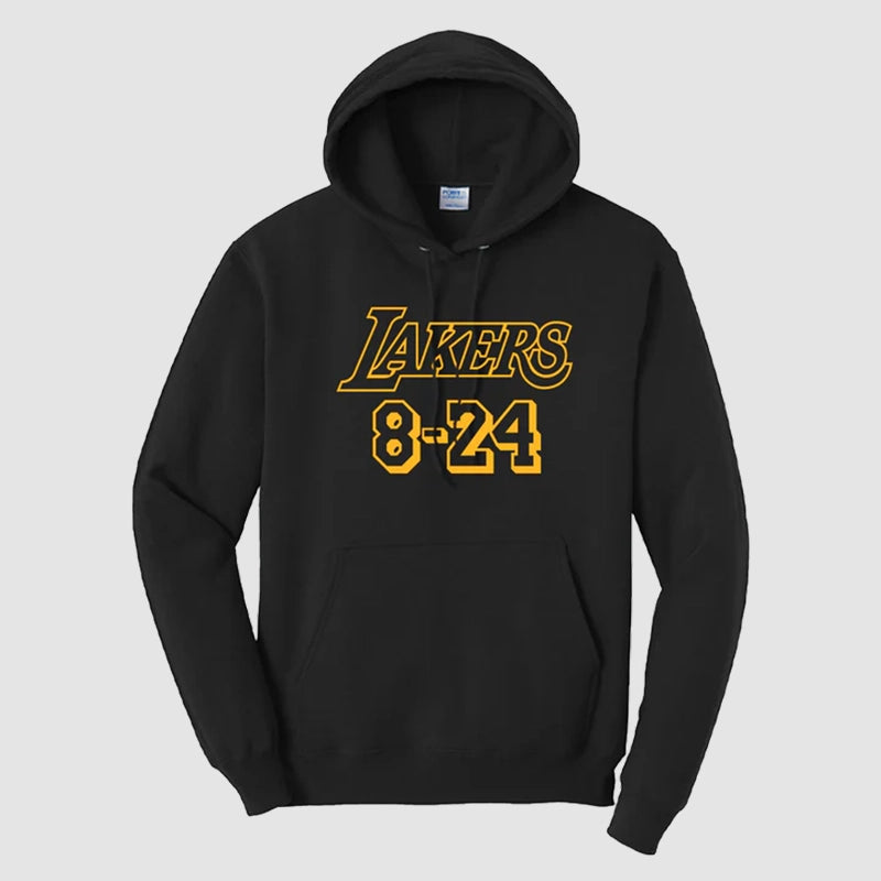 Lakers Kobe 8 24 Wordmark Logo Hoodie Hoodie unisex front product view | Dash Racegear — Kobe 8 and 24 number logo hoodie for Lakers fans