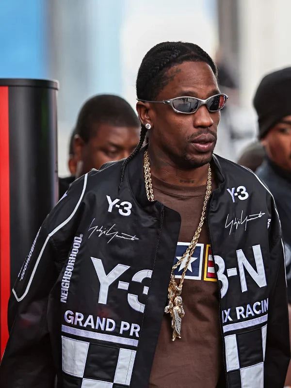 Las Vegas F1 Grand Prix Travis Scott Adidas Y3-N Jacket Jacket unisex front product view | Dash Racegear — Black Las Vegas F1 Grand Prix jacket with sleek nylon fabric, structured fit, and subtle folds for a modern racing-inspired look