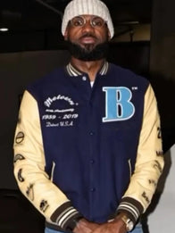 LeBron James Motown Varsity Jacket Varsity Jacket unisex front product view | Dash Racegear — Recreation LeBron James x Motown Records blue and beige wool varsity jacket in unisex fit