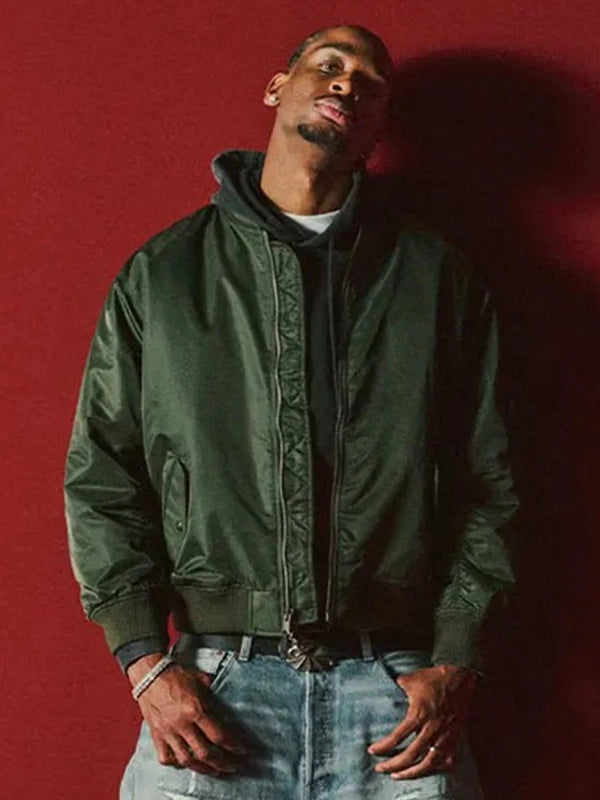 Shai Gilgeous-Alexander Levi’s MA-1 Bomber Jacket Bomber Jacket unisex detail view 3 | Dash Racegear — Levi’s x Shai Gilgeous-Alexander jacket showcasing a sleek olive green finish with premium satin craftsmanship and modern appeal.