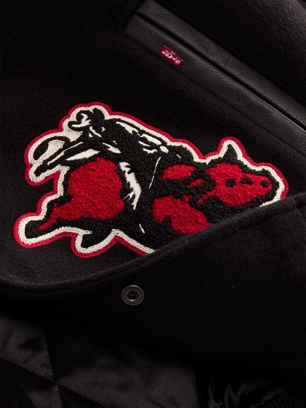Levi’s x Jordan 2026 Varsity Jacket Varsity Jacket unisex detail view 6 | Dash Racegear — Wool and leather Levi’s x Jordan varsity jacket in black, 2026 release built for standout everyday wear.