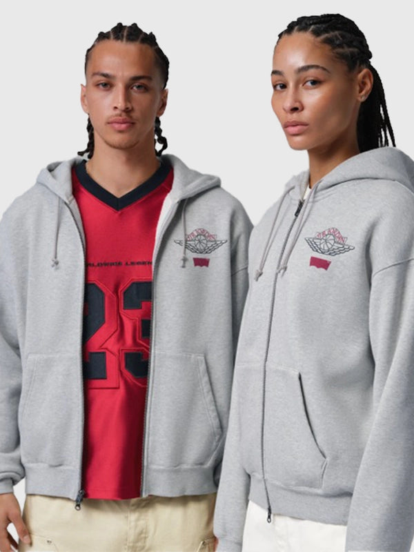 Levi’s x Jordan 2026 Hoodie Hoodie unisex front product view | Dash Racegear — Grey Levi’s x Jordan 2026 unisex full-zip hoodie, soft fleece and sleek zip design for casual and sporty wear.
