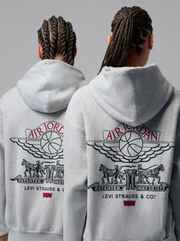 Levi’s x Jordan 2026 Hoodie Hoodie unisex detail view 2 | Dash Racegear — Levi’s x Jordan 2026 grey full-zip hoodie, unisex pullover perfect for layering, lounging, or sporting a streetwear look.