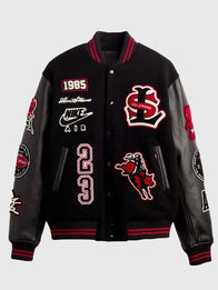 Levi’s x Jordan 2026 Varsity Jacket Varsity Jacket unisex front product view | Dash Racegear — Levi’s x Jordan 2026 black varsity jacket with wool body and leather sleeves, classic heritage style for streetwear fans.