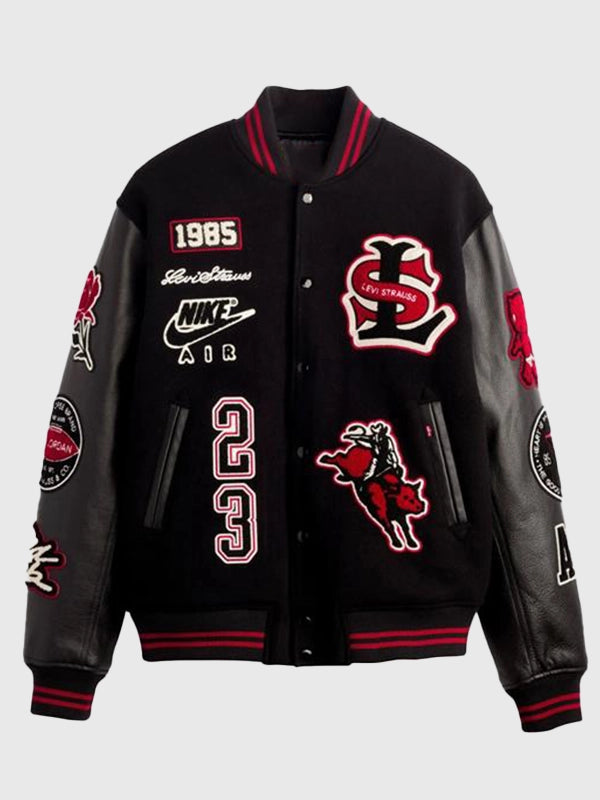 Levi’s x Jordan 2026 Varsity Jacket Varsity Jacket unisex front product view | Dash Racegear — Levi’s x Jordan 2026 black varsity jacket with wool body and leather sleeves, classic heritage style for streetwear fans.