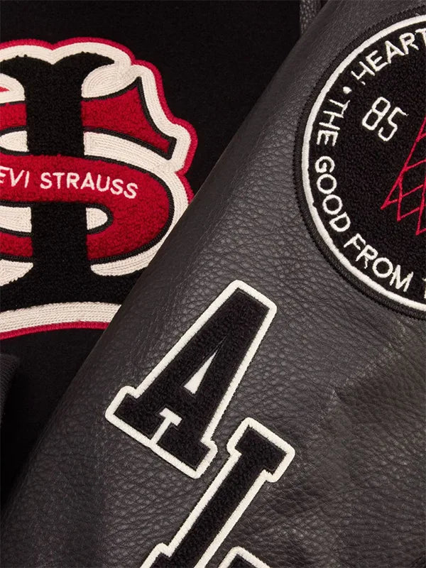 Levi’s x Jordan 2026 Varsity Jacket Varsity Jacket unisex detail view 5 | Dash Racegear — Levi’s x Jordan 2026 black varsity jacket featuring leather sleeves, perfect for streetwear lovers and collectors.