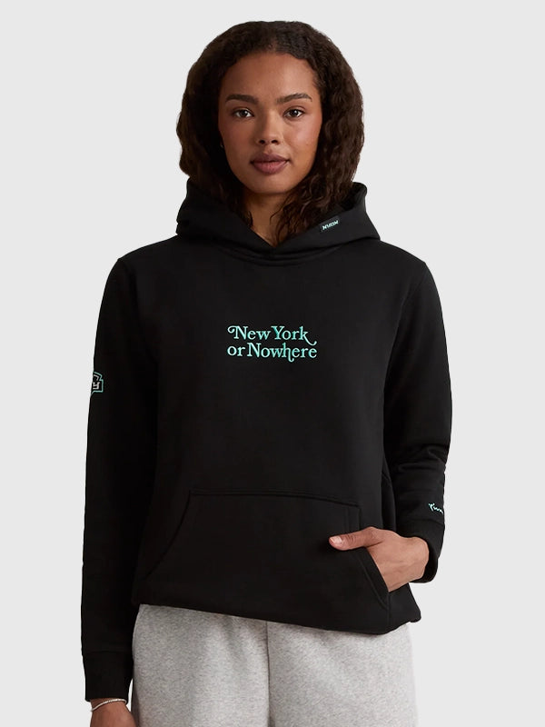 Liberty Motto Hoodie Hoodie unisex detail view 2 | Dash Racegear — Black Liberty Motto hoodie featuring New York or Nowhere styling and a soft fleece feel for everyday wear.