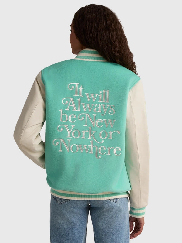 Liberty Motto Varsity Jacket Varsity Jacket unisex detail view 2 | Dash Racegear — This Men & Women’s Liberty Motto Jacket features a varsity design, smooth feel, and a contemporary New York-inspired aesthetic.