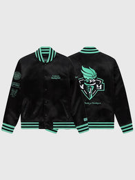 Liberty Twin Flame Varsity Jacket Varsity Jacket unisex front product view | Dash Racegear — New York or Nowhere Liberty Twin Flame Black Varsity Jacket featuring a classic design, premium feel, and bold streetwear style.