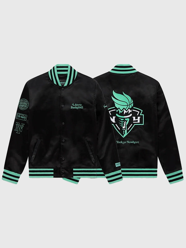 Liberty Twin Flame Varsity Jacket Varsity Jacket unisex front product view | Dash Racegear — New York or Nowhere Liberty Twin Flame Black Varsity Jacket featuring a classic design, premium feel, and bold streetwear style.
