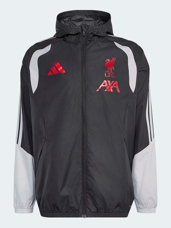 LFC Adidas 26/27 Tiro All Weather Jacket Jacket unisex front product view | Dash Racegear — Adidas Liverpool FC 26/27 Tiro All Weather Hooded Jacket Unisex featuring lightweight protection and clean football-inspired design.