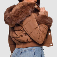 Dope Thief Liz Caribel Sierra Brown Fur Quilted Jacket Jacket unisex detail view 2 | Dash Racegear — Cropped brown puffer jacket with fur hood from Liz Caribel Sierra’s wardrobe