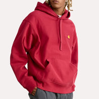 Red Carhartt Loose Fit Hoodie Hoodie unisex detail view 3 | Dash Racegear — Side profile of the Carhartt midweight fleece hoodie in red, featuring a hood with drawcord adjustment.