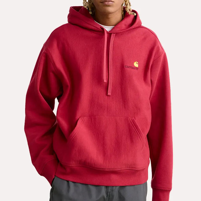 Red Carhartt Loose Fit Hoodie Hoodie unisex front product view | Dash Racegear — Front view of the Carhartt Loose Fit Midweight Fleece Pullover Hoodie in red, showcasing its relaxed fit and durable design.