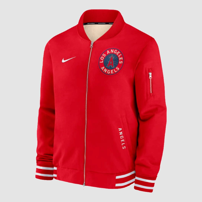 Los Angeles Angels City Connect Red Bomber Jacket Bomber Jacket unisex front product view | Dash Racegear — Angels Baseball Jacket – LA City Connect Red Bomber Apparel