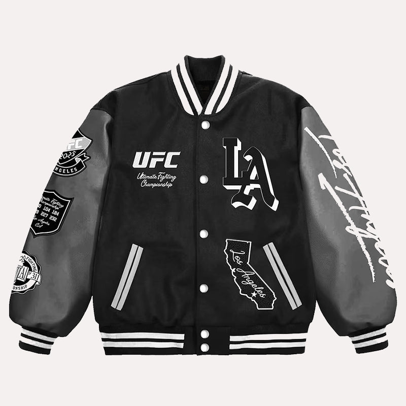 UFC 311 Los Angeles 2025 Black Varsity Jacket Varsity Jacket unisex detail view 2 | Dash Racegear — Streetwear Drop – UFC LA 311 Black Varsity Jacket