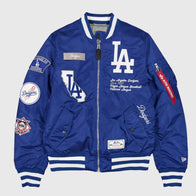Los Angeles Dodgers Alpha Industries Bomber Jacket Bomber Jacket unisex front product view | Dash Racegear — full front image of Los Angeles Dodgers Alpha Industries Bomber Jacket