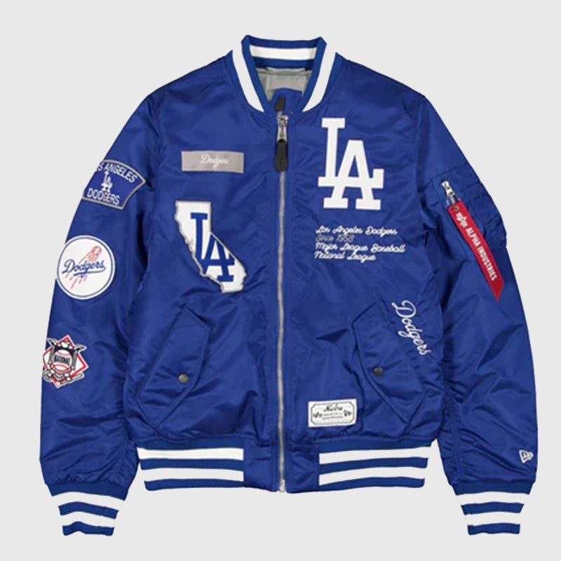 Los Angeles Dodgers Alpha Industries Bomber Jacket Bomber Jacket unisex front product view | Dash Racegear — full front image of Los Angeles Dodgers Alpha Industries Bomber Jacket