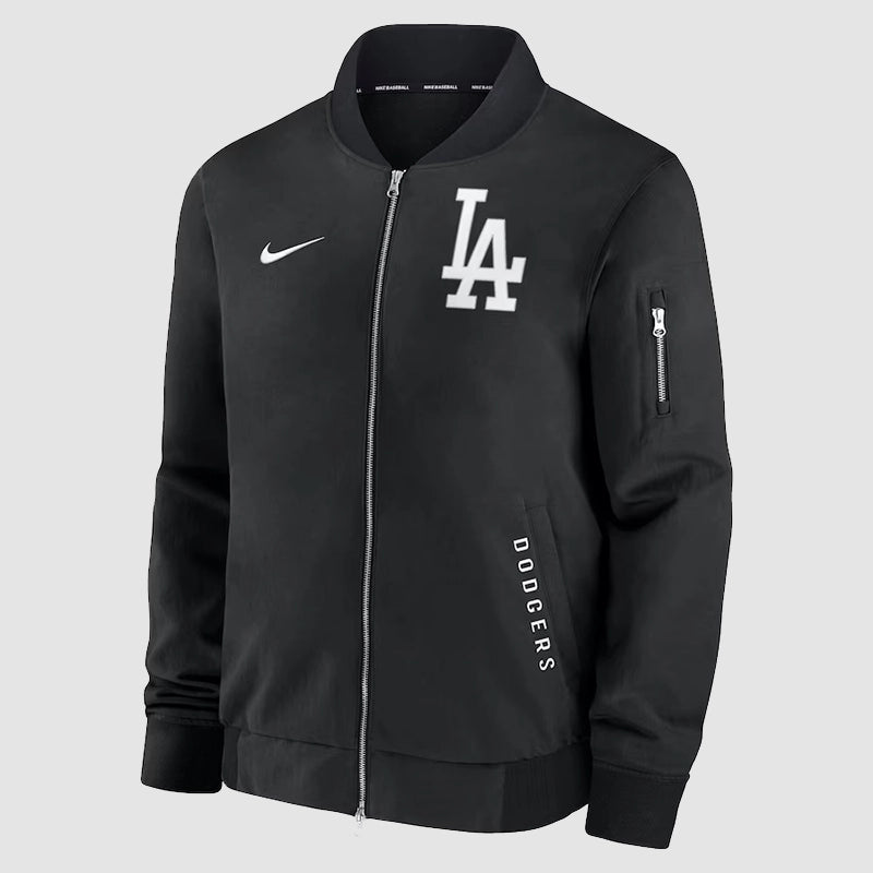 Los Angeles Dodgers Black Dugout Bomber Jacket Bomber Jacket unisex front product view | Dash Racegear — Dodgers dugout bomber jacket – black edition for ultimate fans