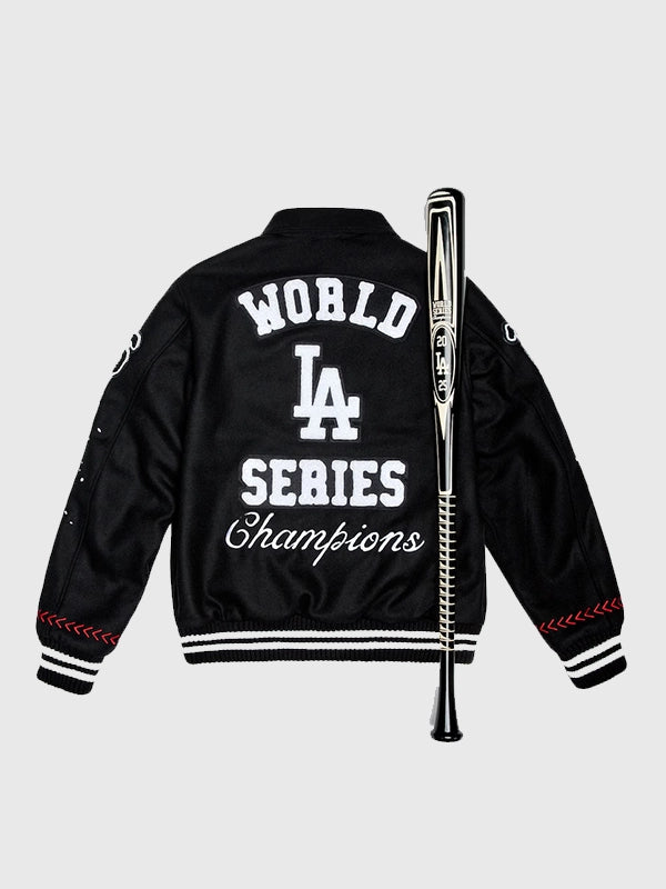 Los Angeles Dodgers Joshua Vides x Fanatics World Series Champions Varsity Jacket Varsity Jacket unisex detail view 7 | Dash Racegear — Los Angeles Dodgers World Series Champions Varsity Jacket by Joshua Vides