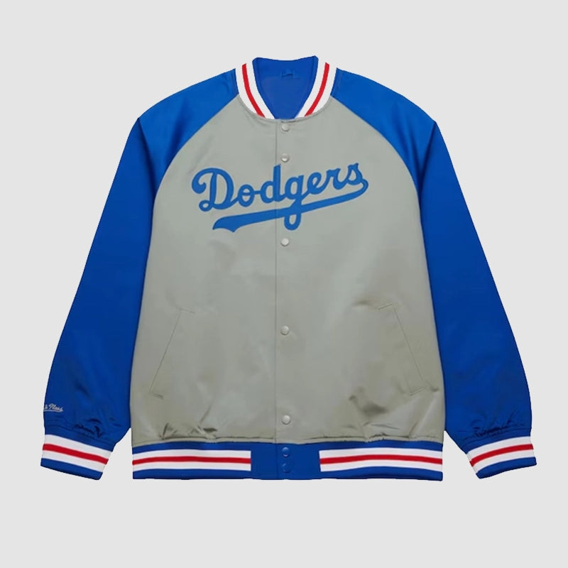 Los Angeles Dodgers Double Clutch Satin Raglan Jacket Jacket unisex front product view | Dash Racegear — Premium satin raglan jacket with Los Angeles Dodgers branding