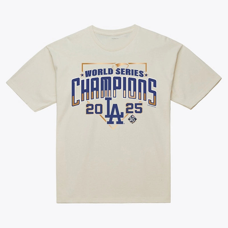 Dodgers Mitchell & Ness 2025 World Series Champions Arch T-Shirt Shirt unisex front product view | Dash Racegear — 2025 Dodgers World Series Arch Graphic Tee by Mitchell & Ness