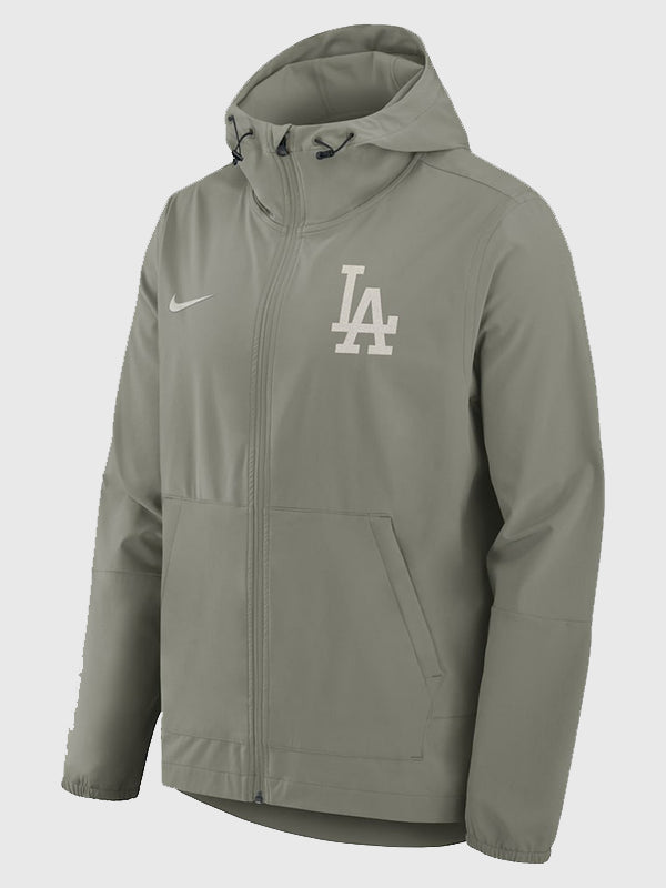 Los Angeles Dodgers Nike Hooded Jacket​ Jacket unisex detail view 2 | Dash Racegear — Nike Men’s Los Angeles Dodgers gray hooded jacket, Unlimited full-zip style perfect for streetwear and fan pride.