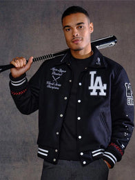 Los Angeles Dodgers Joshua Vides x Fanatics World Series Champions Varsity Jacket Varsity Jacket unisex front product view | Dash Racegear — Joshua Vides x Fanatics Dodgers 2025 Varsity Jacket
