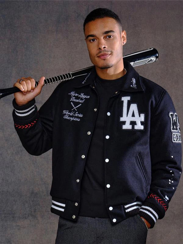 Los Angeles Dodgers Joshua Vides x Fanatics World Series Champions Varsity Jacket Varsity Jacket unisex front product view | Dash Racegear — Joshua Vides x Fanatics Dodgers 2025 Varsity Jacket