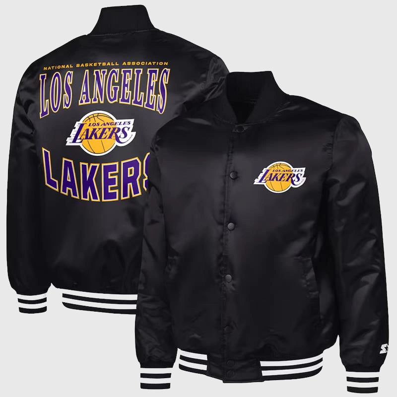 Lakers G-III Sports by Carl Banks Adaptive Satin Varsity Jacket Varsity Jacket unisex front product view | Dash Racegear — Exclusive Adaptive Satin Varsity Jacket for Lakers fans by G-III Sports Carl Banks