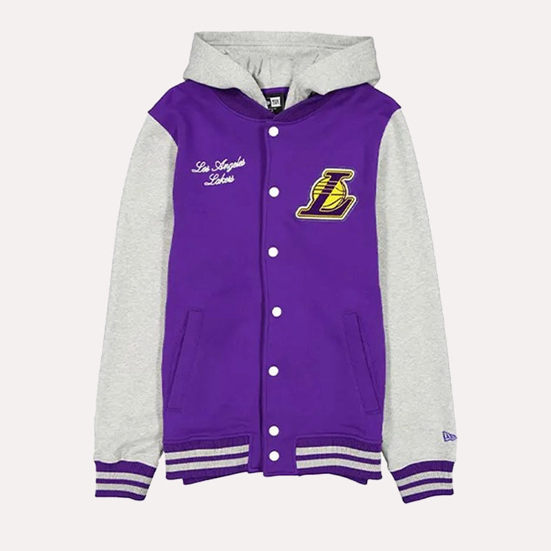 Los Angeles Lakers Throwback Prep Jacket Jacket unisex front product view | Dash Racegear — Los Angeles Lakers Fan Jacket – Throwback Style for Hoops Lovers