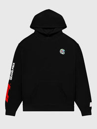 Malbon x F1 Fesque Pit Sketch Hoodie Hoodie unisex front product view | Dash Racegear — 2026 Formula 1 Miami hoodie Malbon x F1, black Fesque Pit Sketch pullover for casual style.