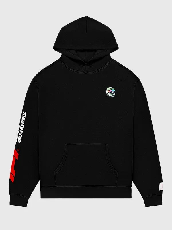 Malbon x F1 Fesque Pit Sketch Hoodie Hoodie unisex front product view | Dash Racegear — 2026 Formula 1 Miami hoodie Malbon x F1, black Fesque Pit Sketch pullover for casual style.