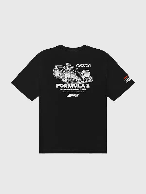 Malbon x F1 Bermuda Pit Sketch T-Shirt Shirt unisex detail view 3 | Dash Racegear — Malbon F1 Miami GP black T-shirt 2026, Pit Sketch design for bold racing-inspired street style.