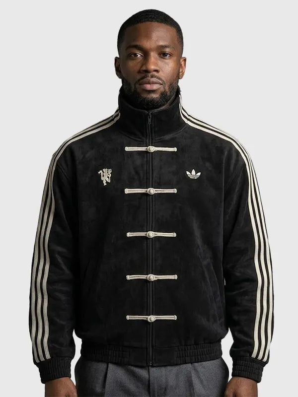 Manchester United Adidas Chinese New Year Jacket Jacket unisex detail view 12 | Dash Racegear — 2026 Adidas x Manchester United Chinese New Year suede jacket featuring luxe leather texture and sporty street style